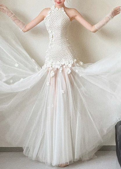 White Hollow Out Tulle Patchwork Party Dress Sleeveless