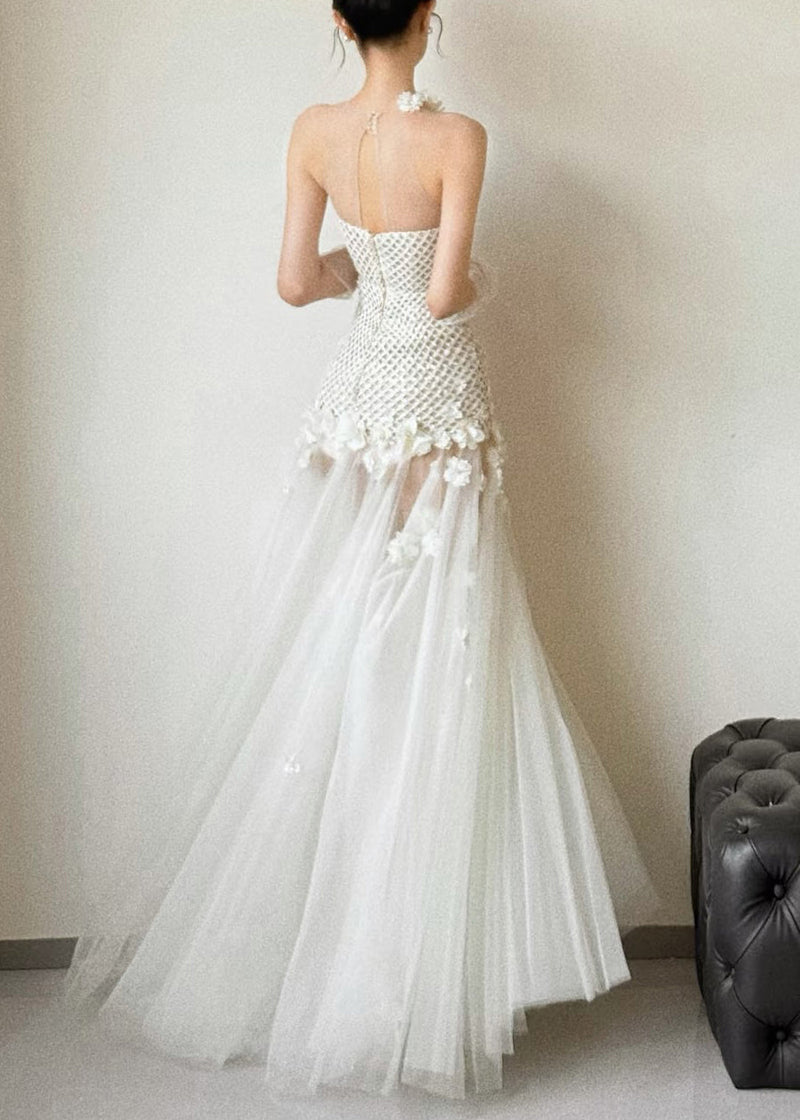 White Hollow Out Tulle Patchwork Party Dress Sleeveless
