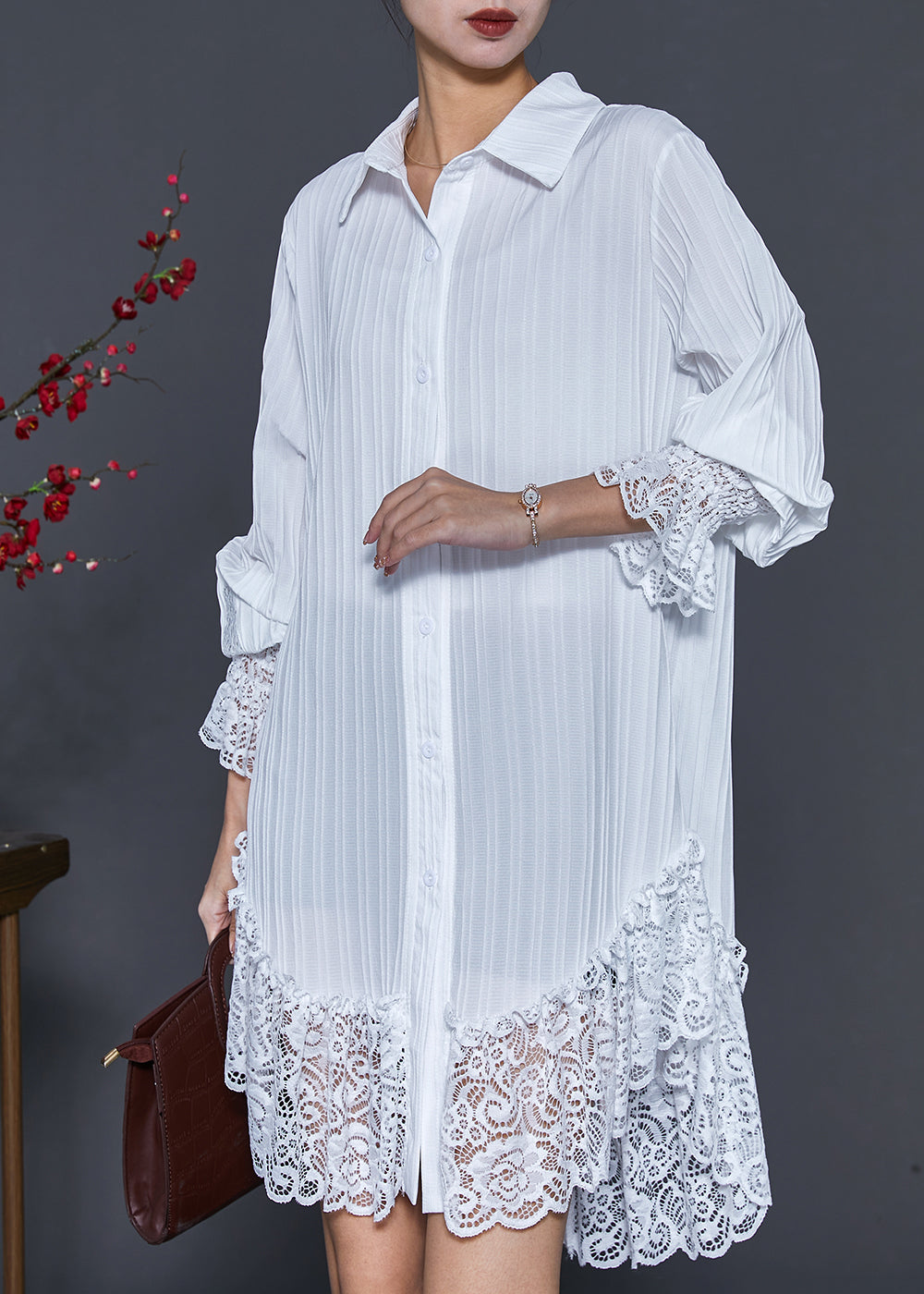 White Lace Patchwork Wrinkled Chiffon Shirt Dress Spring