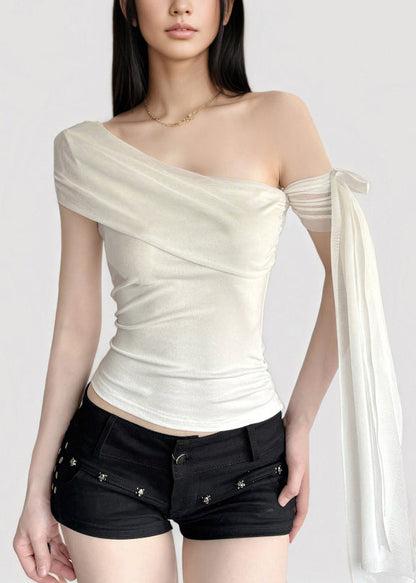 White One Shoulder Asymmetrical Tassel T Shirt Summer