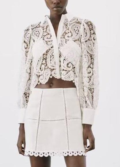 Sexy White Peter Pan Collar Hollow Out Lace Shirt Fall