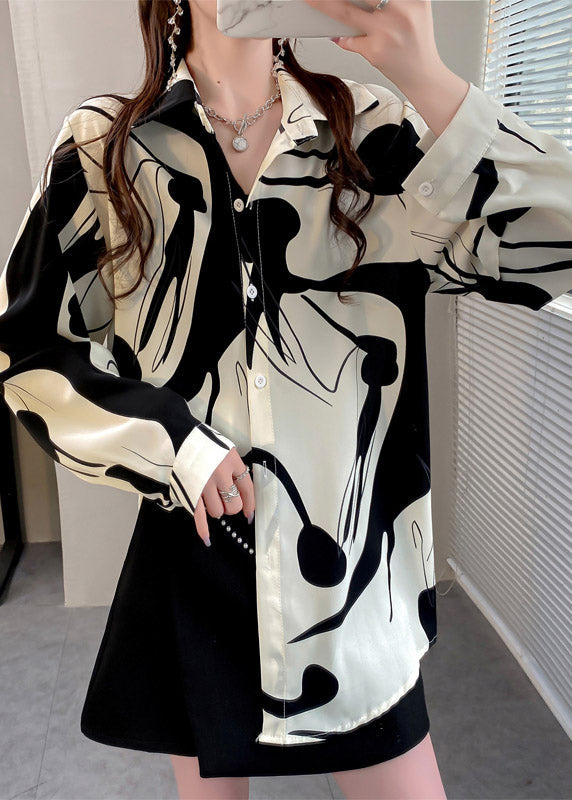 White Peter Pan Collar Print Button Chiffon Shirt Long Sleeve