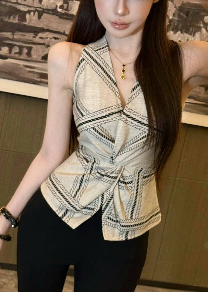 White Print Side Open Silm Fit Halter Vests Summer