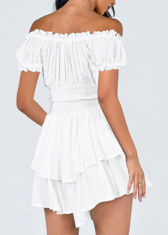White Slash Neck Patchwork Elastic Waist Mini Dress Short Sleeve