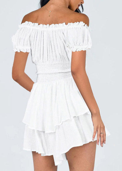 White Slash Neck Patchwork Elastic Waist Mini Dress Short Sleeve