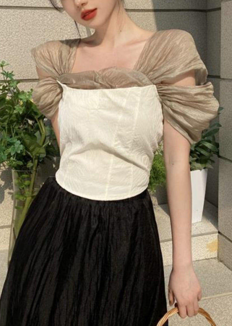 White Square Collar Tulle Patchwork Top Summer