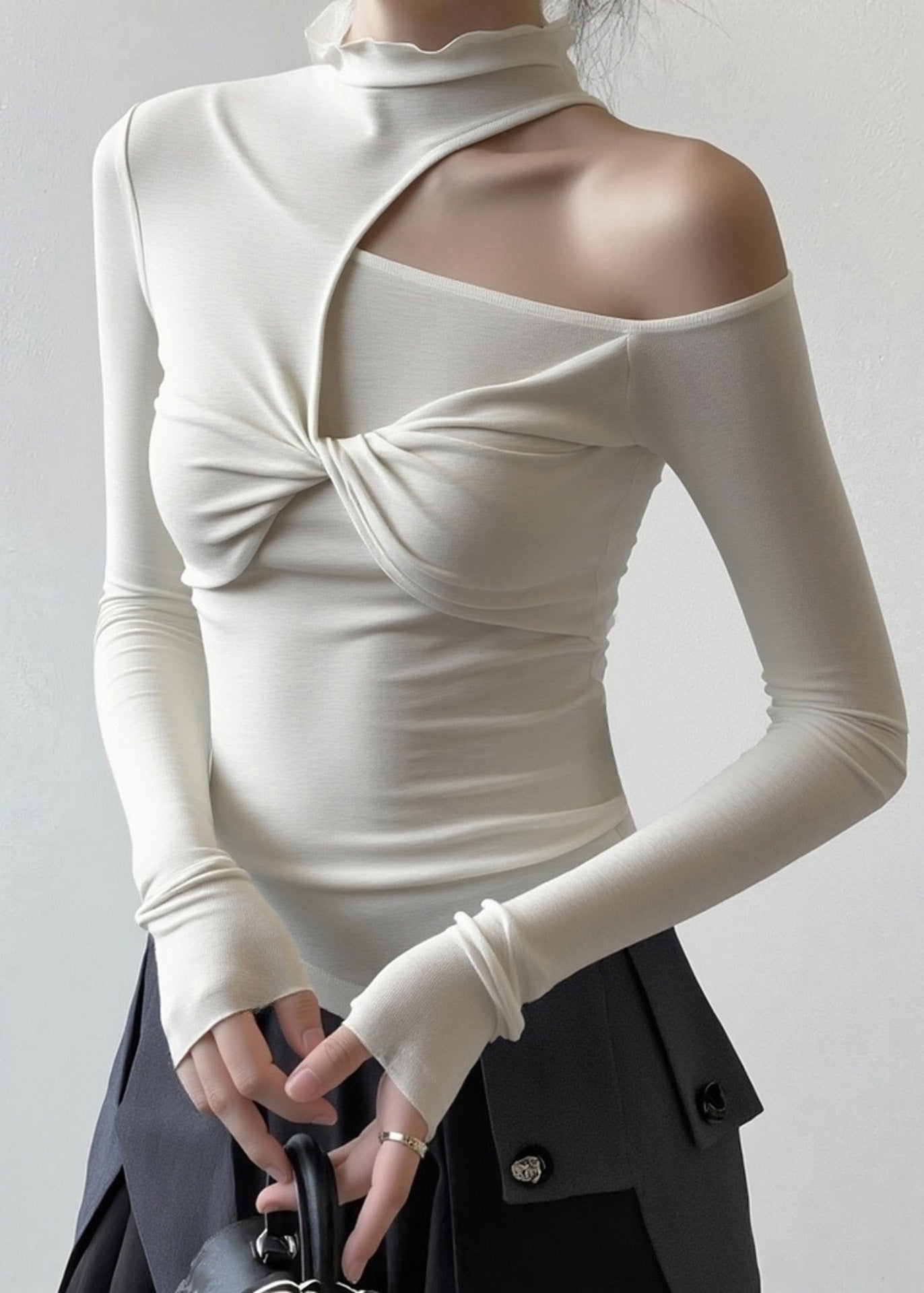 Sexy White Turtleneck Patchwork Cold Shoulder Hollow Out Tops Spring