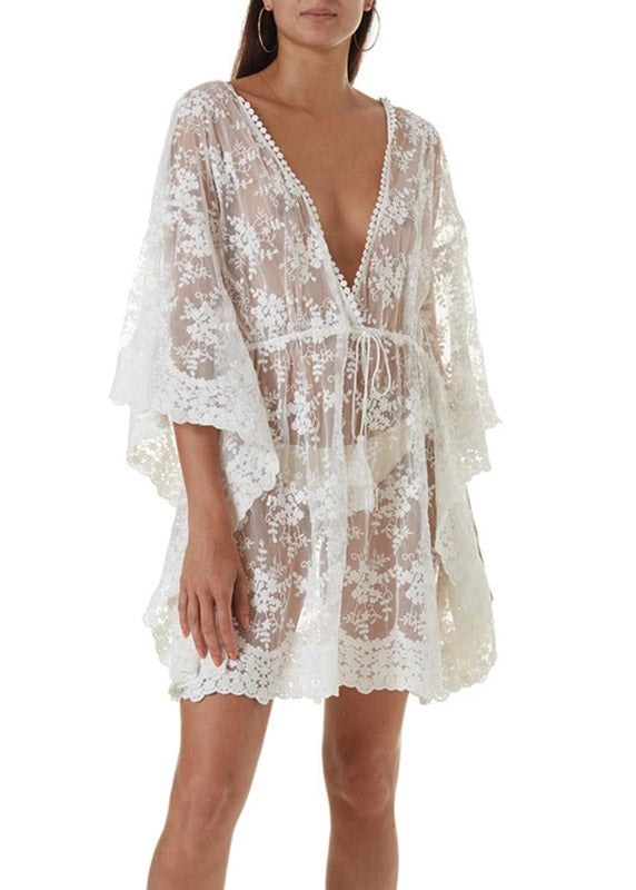 White V Neck Cinched Beach Lace Bikini Cover Ups Half Sleeve