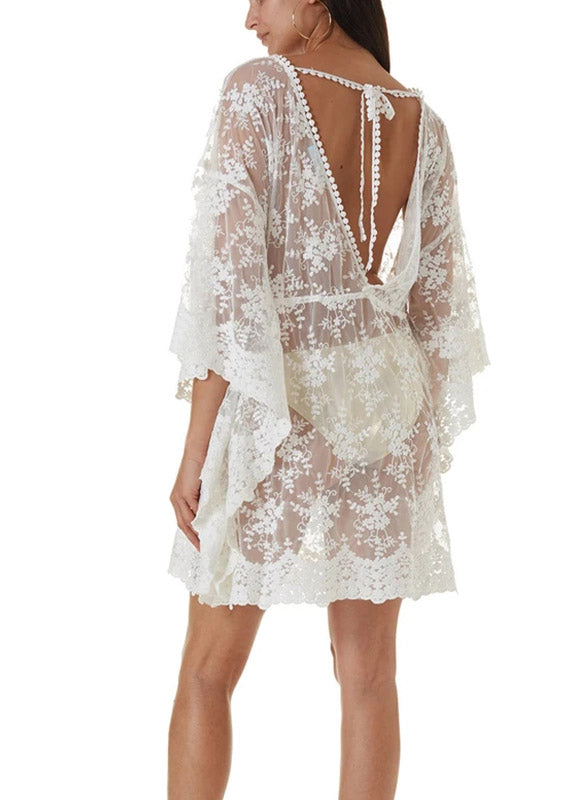 White V Neck Cinched Beach Lace Bikini Cover Ups Half Sleeve