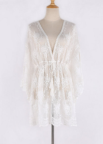 White V Neck Cinched Beach Lace Bikini Cover Ups Half Sleeve