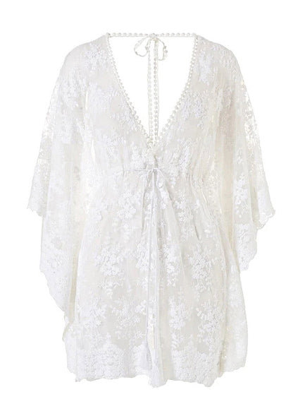 White V Neck Cinched Beach Lace Bikini Cover Ups Half Sleeve