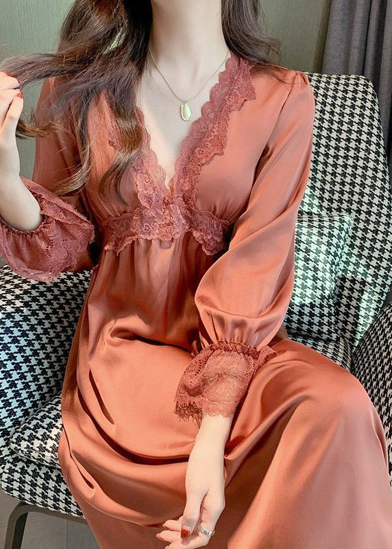 White V Neck Lace Patchwork Ice Silk Long Dress Long Sleeve