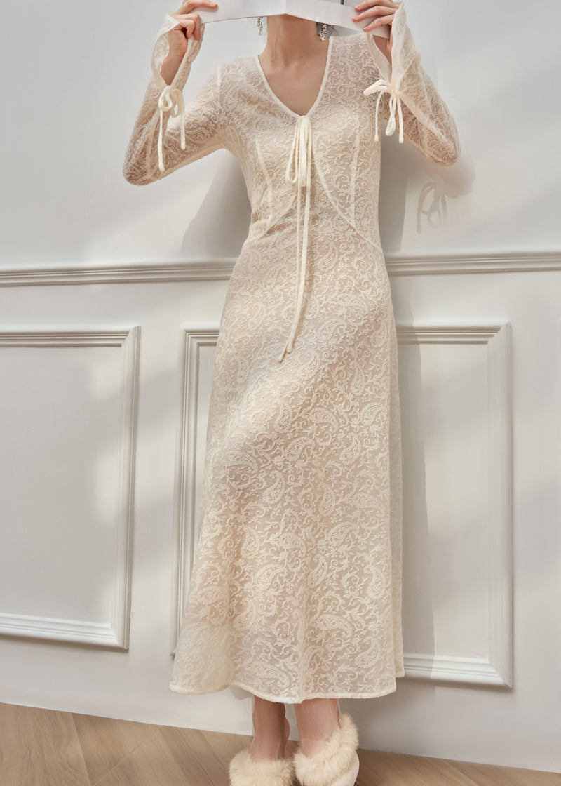 White V Neck Tie Lace Lace Long Dresses Flare Sleeve
