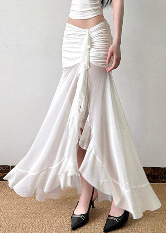White Wrinkled Side Open Tulle Skirt Summer
