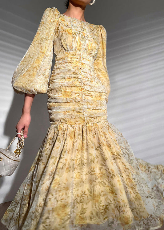 Yellow O-neck Zippered Print Wrinkled Maxi Dress Long Sleeve