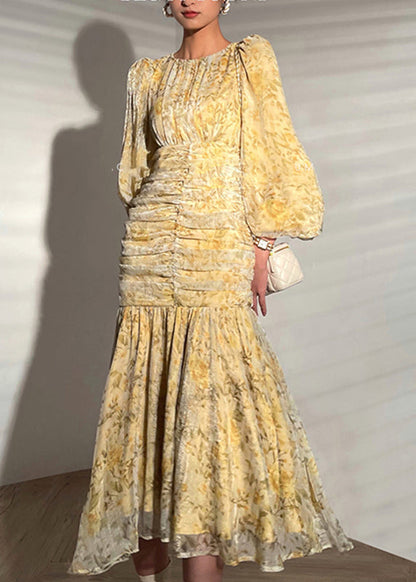 Yellow O-neck Zippered Print Wrinkled Maxi Dress Long Sleeve