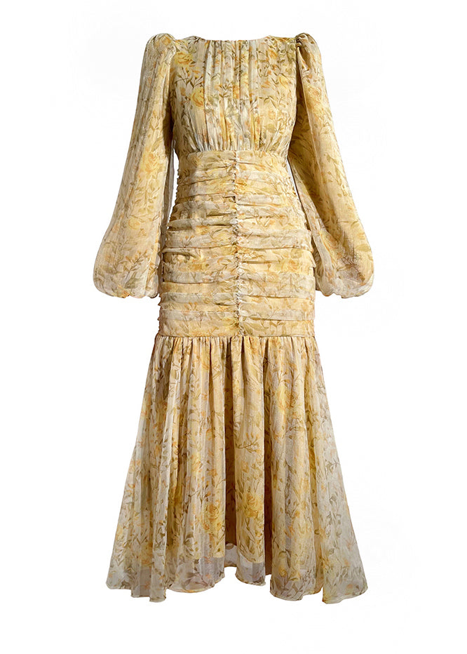 Yellow O-neck Zippered Print Wrinkled Maxi Dress Long Sleeve