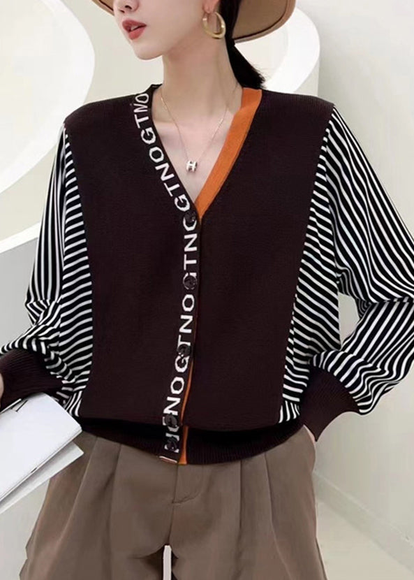 Yellow V Neck Striped Patchwork Button Knit Top Fall