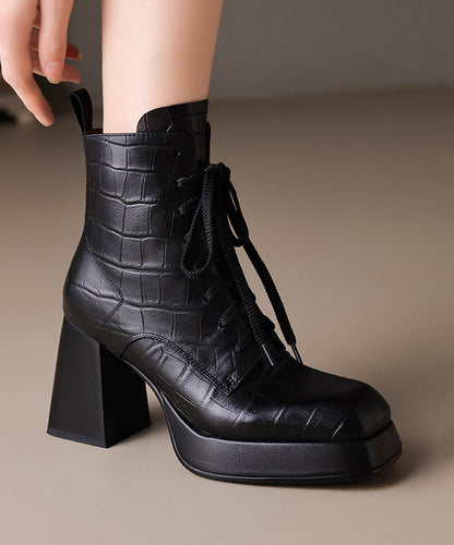 Sheepskin Brown Chunky Heel Boots Splicing Cross Strap