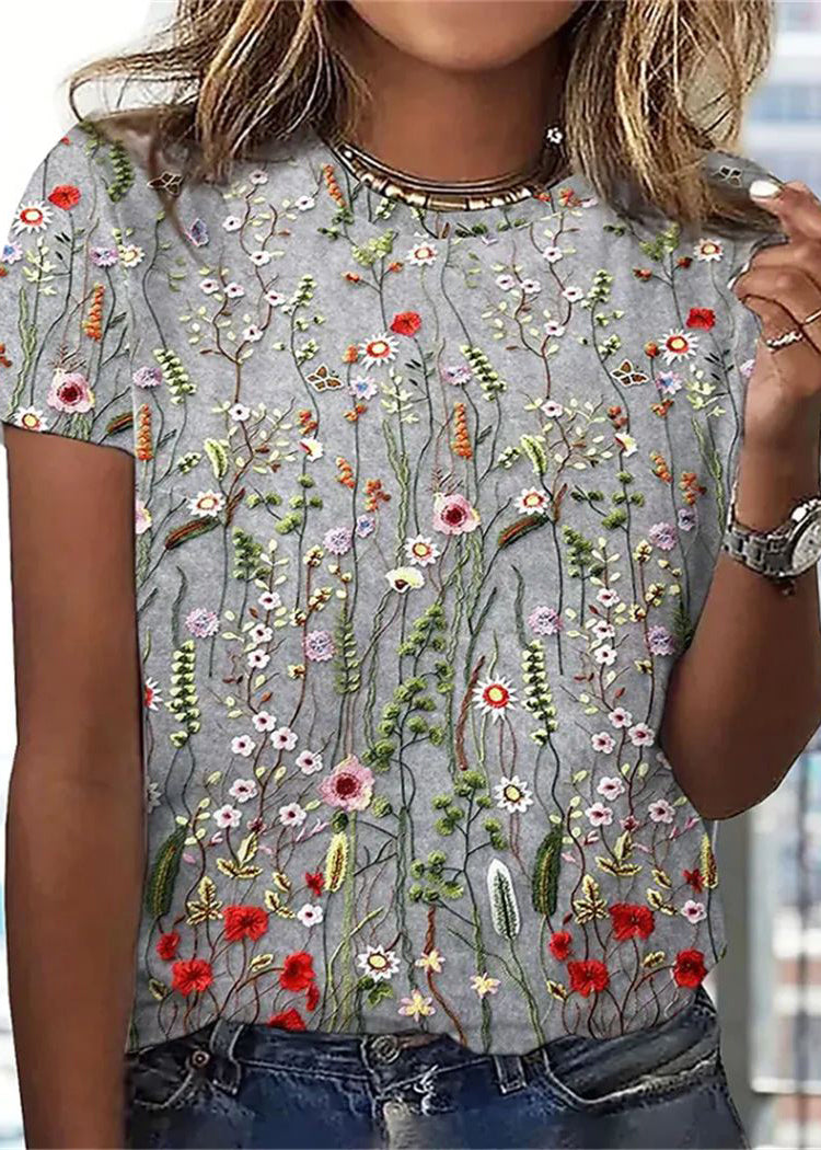 Short Sleeve T Neck Flower Loose T Shirt Grey