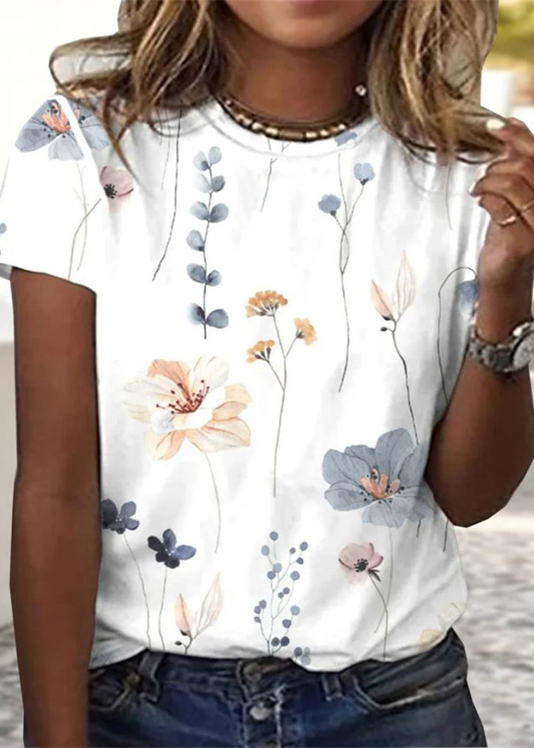 Short Sleeve T Neck Flower Loose T Shirt Grey