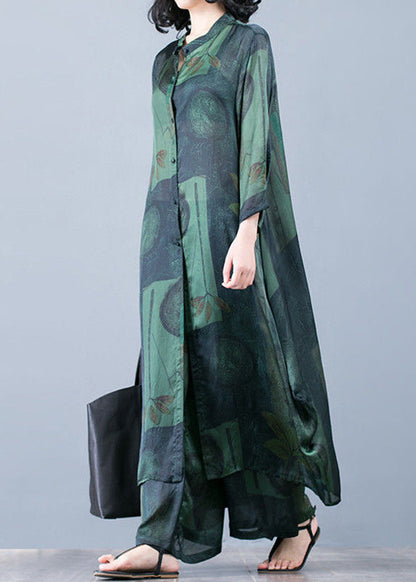 Thin Green Print Chiffon Wide-leg Pants Two-piece Suit