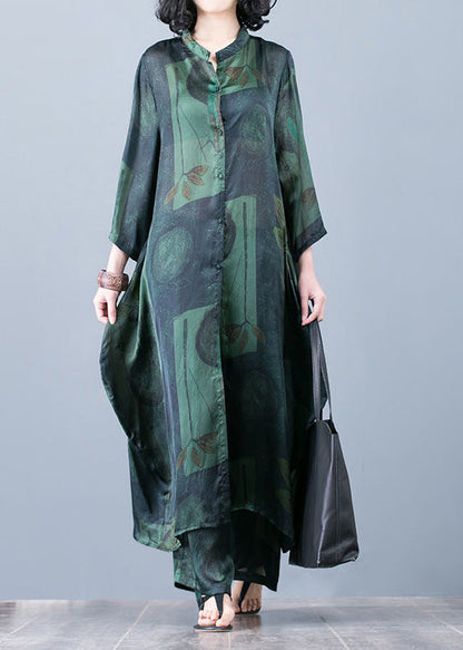 Thin Green Print Chiffon Wide-leg Pants Two-piece Suit