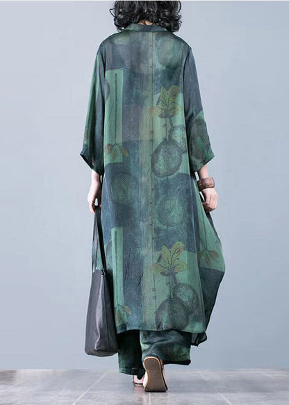 Thin Green Print Chiffon Wide-leg Pants Two-piece Suit