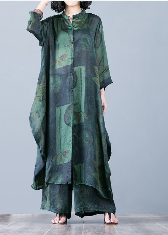 Thin Green Print Chiffon Wide-leg Pants Two-piece Suit
