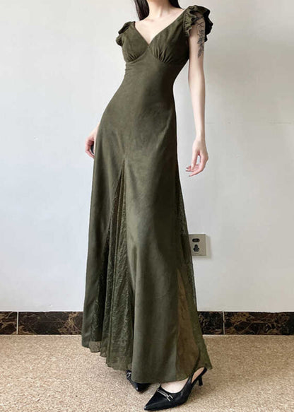 Silm Fit Army Green Exra Large Hem Patchwork Lace Long Dresses Summer