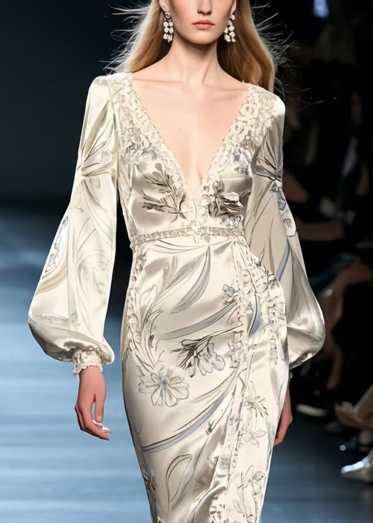 Silm Fit Beige Wraped Print Silk Fishtail Dress Lantern Sleeve