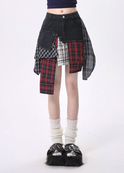 Silm Fit Black Asymmetrical Patchwork Denim Skirts Summer