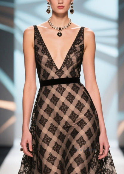 Silm Fit Black Print Patchwork Lace Chiffon Dinner Dress Summer