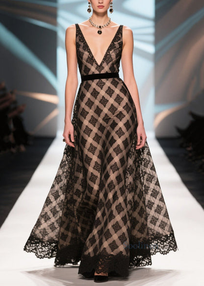 Silm Fit Black Print Patchwork Lace Chiffon Dinner Dress Summer