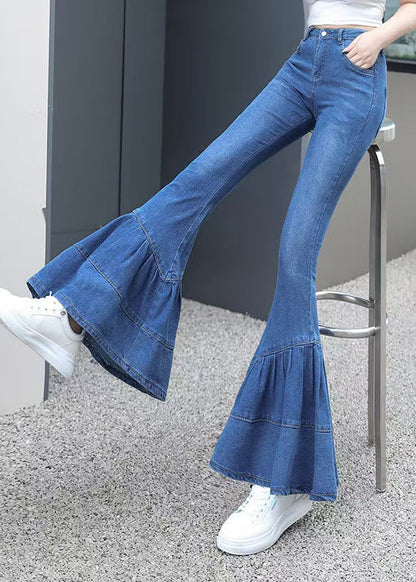 Silm Fit Blue Wrinkled Denim Bell-bottom Trousers Spring