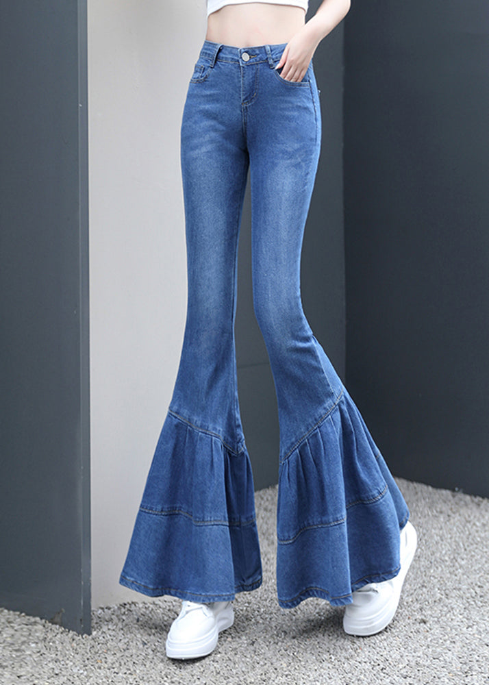 Silm Fit Blue Wrinkled Denim Bell-bottom Trousers Spring