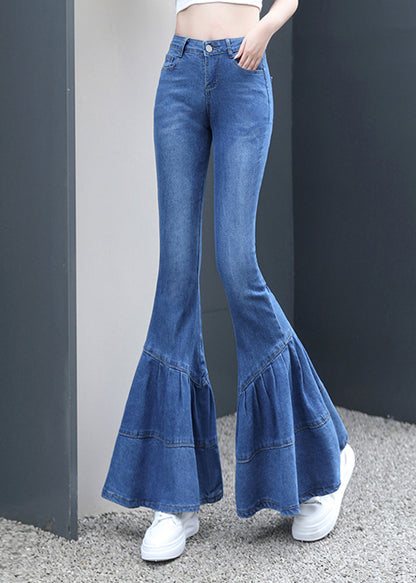 Silm Fit Blue Wrinkled Denim Bell-bottom Trousers Spring