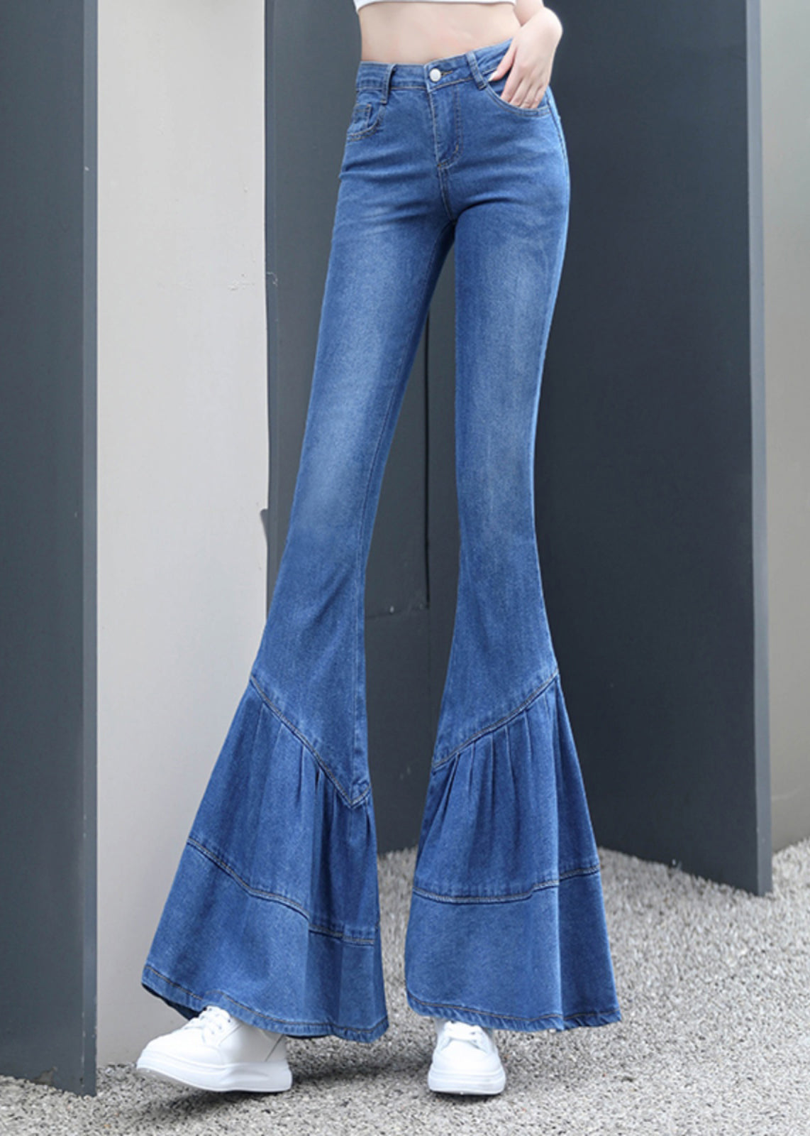 Silm Fit Blue Wrinkled Denim Bell-bottom Trousers Spring