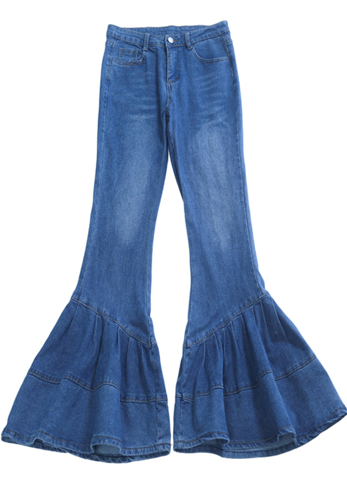 Silm Fit Blue Wrinkled Denim Bell-bottom Trousers Spring