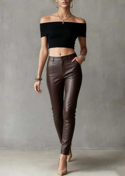 Silm Fit Brown High Waist Pockets Faux Leather Pants Spring