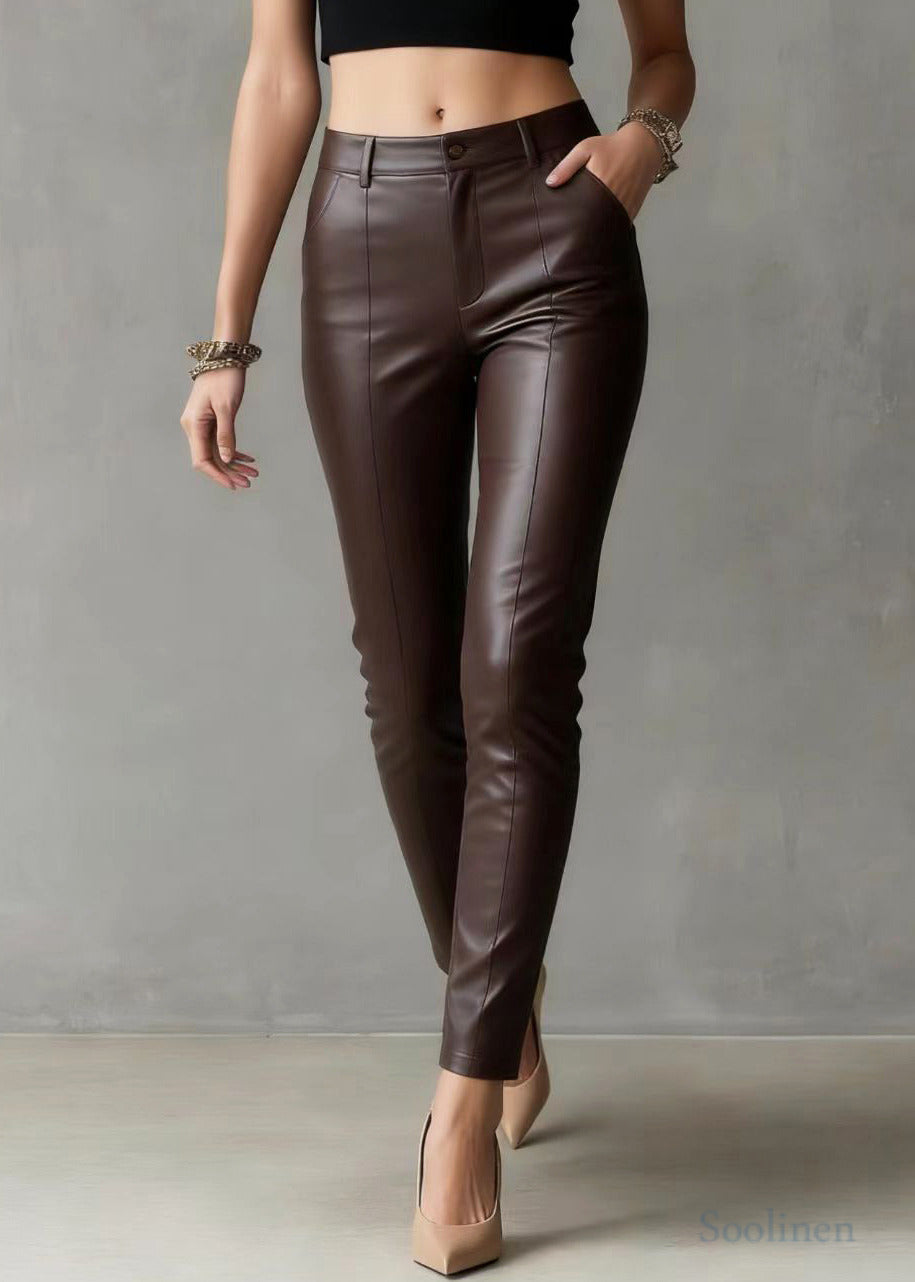 Silm Fit Brown High Waist Pockets Faux Leather Pants Spring