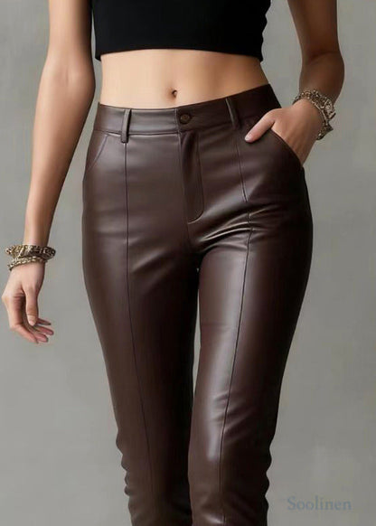 Silm Fit Brown High Waist Pockets Faux Leather Pants Spring