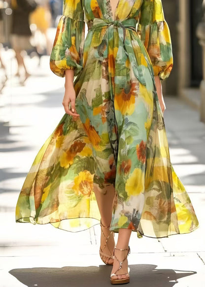 Silm Fit Grass Green V Neck Print Cotton Maxi Dresses Spring