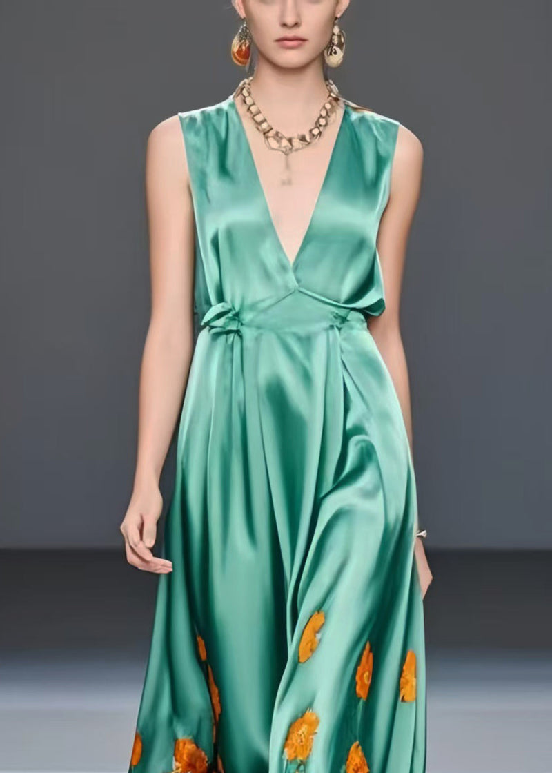 Silm Fit Green V Neck Print Silk Vacation Dresses Sleeveless