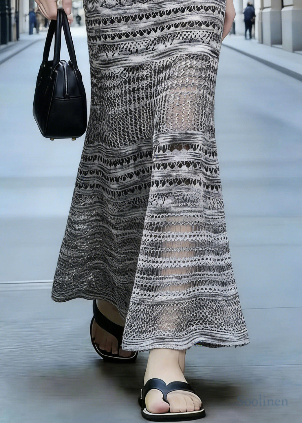 Silm Fit Grey Print Hollow Out Knit Mermaid Skirts Spring