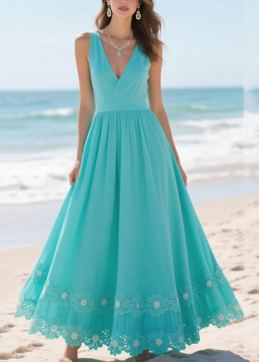 Silm Fit Lake Blue Patchwork Flower Lace Chiffon Long Dresses Summer