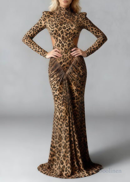 Silm Fit Leopard Print Backless Wrinkled Cotton Party Dress Spring