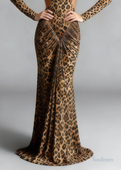 Silm Fit Leopard Print Backless Wrinkled Cotton Party Dress Spring