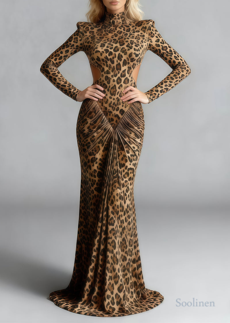 Silm Fit Leopard Print Backless Wrinkled Cotton Party Dress Spring