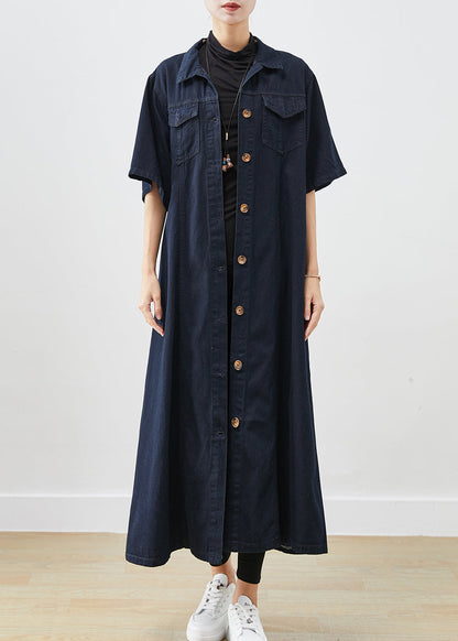 Silm Fit Navy Button Down Cotton a Line Dresses Short Sleeve